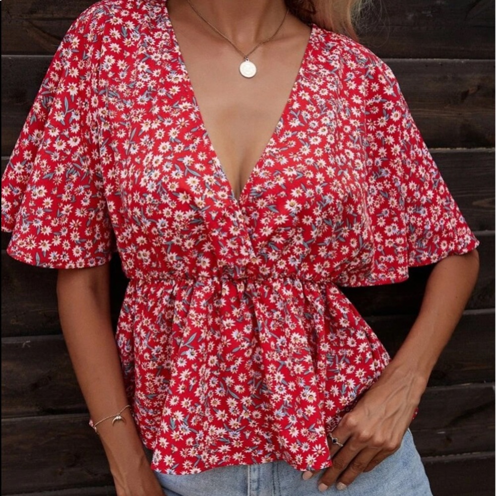 Cute Red floral peplum top